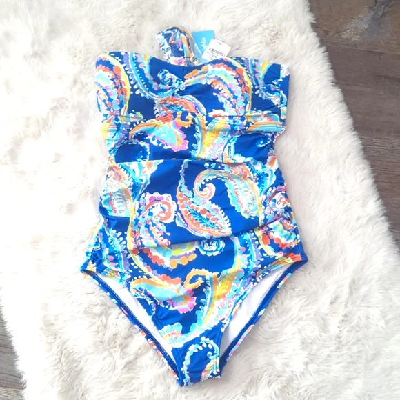 J McLAUGHLIN Blue Watercolor Paisley Koa One-Piece - NWT - Picture 2 of 8